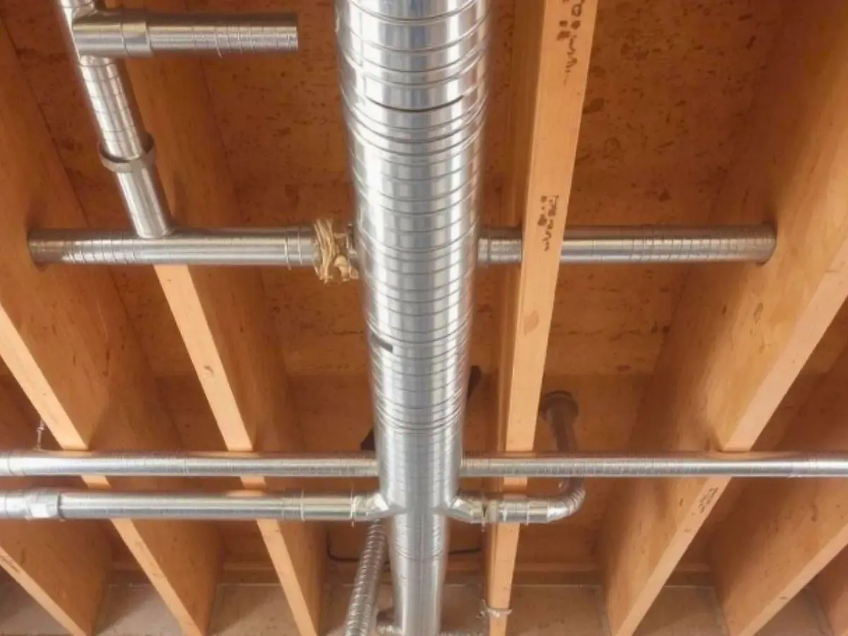 Exposed HVAC ductwork installed beneath ceiling beams, providing airflow in a building