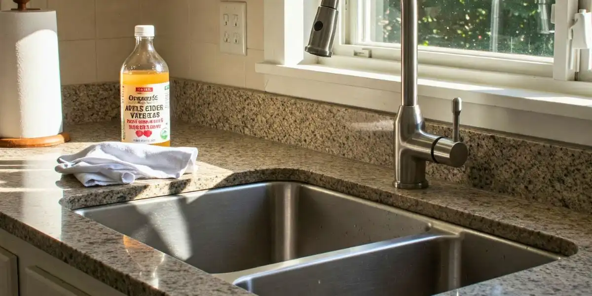 Clean double basin granite composite sink with stainless steel faucet, apple cider vinegar bottle, and cloth on countertop